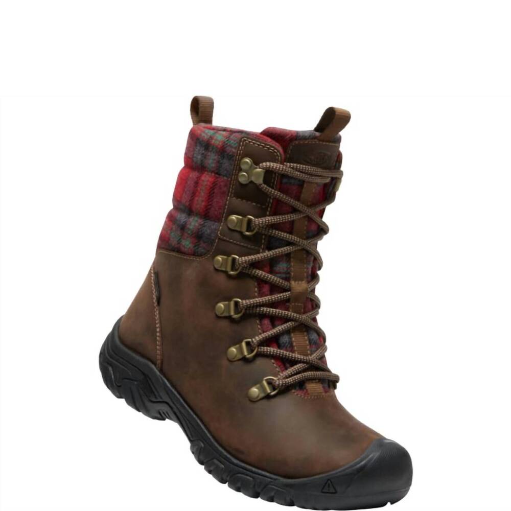 NEW KEEN women's greta wp boot in dark brown/red plaid